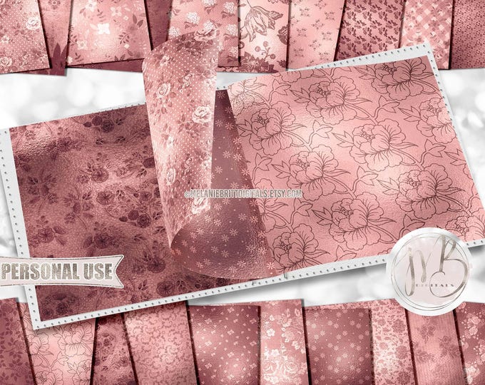 Rose Gold Floral Scrapbook Paper Download • Elegant Flowers Shimmering Foil Design • Printable Paper Crafts 20 12x12 JPG & PDF