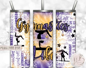 Glitter Gymnastics Life 20oz Skinny Tumbler Wrap Sublimation Download • Purple and Athletic Gold Tie Dye Gymnast Medals • DIY Print & Press