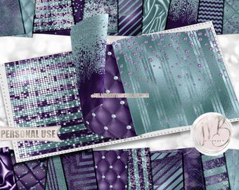 Luxury Aqua and Purple Scrapbook Paper Download • Luxurious Design Glitter Sparkle Foil Shimmer • Printable Paper Crafts 20 12x12 JPG & PDF