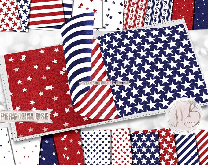 Patriotic Scrapbook Paper Download • Glitter Stars and Stripes July 4th America Freedom • Scrapbooking Printable