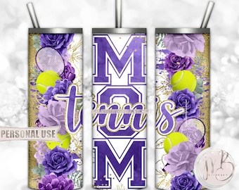 Floral Tennis Mom 20oz Skinny Tumbler Wrap Sublimation Download • Purple Flowers Gold Splatter Sports Mom Gift • DIY Print and Press