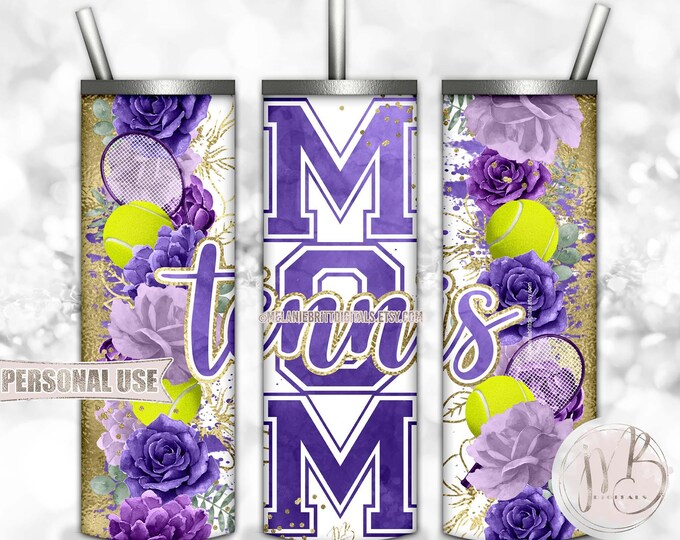 Floral Tennis Mom 20oz Skinny Tumbler Wrap Sublimation Download • Purple Flowers Gold Splatter Sports Mom Gift • DIY Print and Press