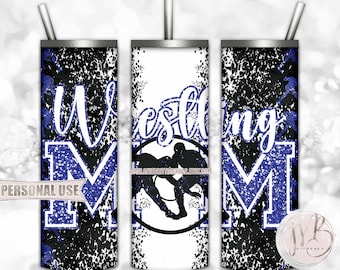 Blue Boy Wrestling Mom 20oz Skinny Tumbler Wrap Sublimation Design • Glitter Varsity Letters Wrestler Mom Gift • DIY Print and Press