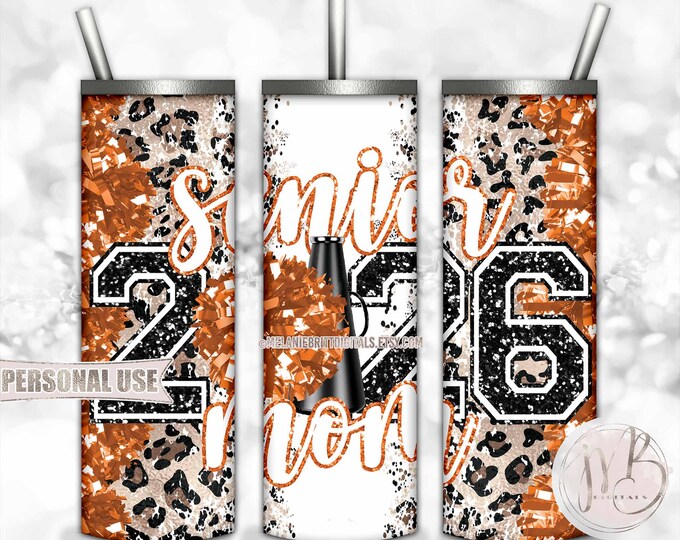 Orange Cheer Senior 2026 Mom 20oz Skinny Sublimation Tumbler Wrap Design • Pom Pom Megaphone Classic Leopard Print • DIY Print and Press
