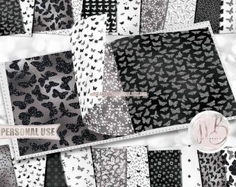 Black and Silver Butterflies Scrapbook Paper Download • Cute Butterflies Springtime Glitter Foil • Printable Paper Crafts 20 12x12 JPG & PDF