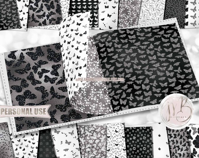 Black and Silver Butterflies Scrapbook Paper Download • Cute Butterflies Springtime Glitter Foil • Printable Paper Crafts 20 12x12 JPG & PDF