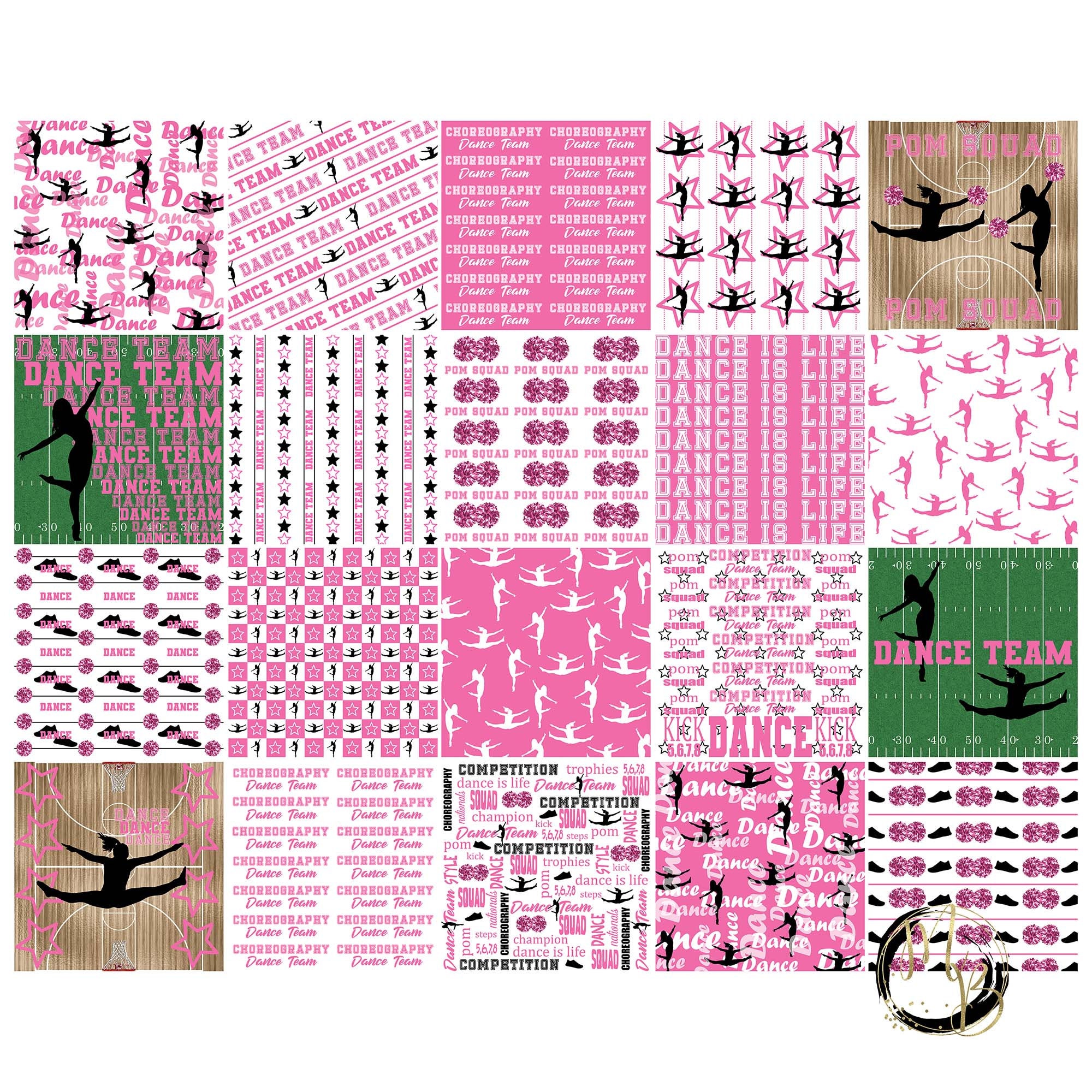 Hot Pink Dance Team Scrapbook Paper Download Pom Squad Shiny Pom Poms  School Dance Team Printable Paper Crafts 20 12x12 JPG & PDF 