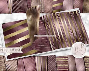 Mauve and Gold Shimmer Stripes Scrapbook Paper Download • Sparkling Glitter and Shimmering Foil • Printable Paper Crafts 20 12x12 JPG & PDF
