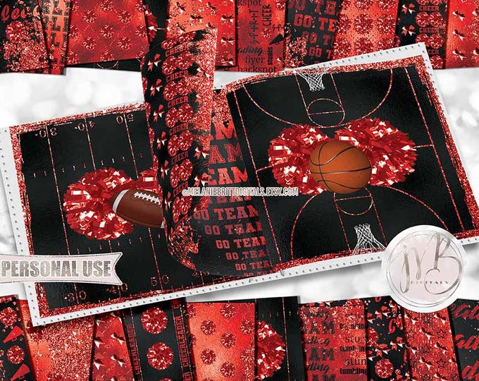 Red Glam Cheerleading Scrapbook Paper Download • Shiny Cheer Pom Poms Glitter and Foil • Scrapbooking Printable