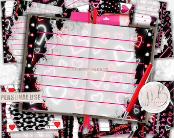 Neon Valentines Day Junk Journal Pages Download • Glowing Neon Hearts Valentines Memorabilia • DIY Printable Journal 20 11x8.5 JPG & PDF