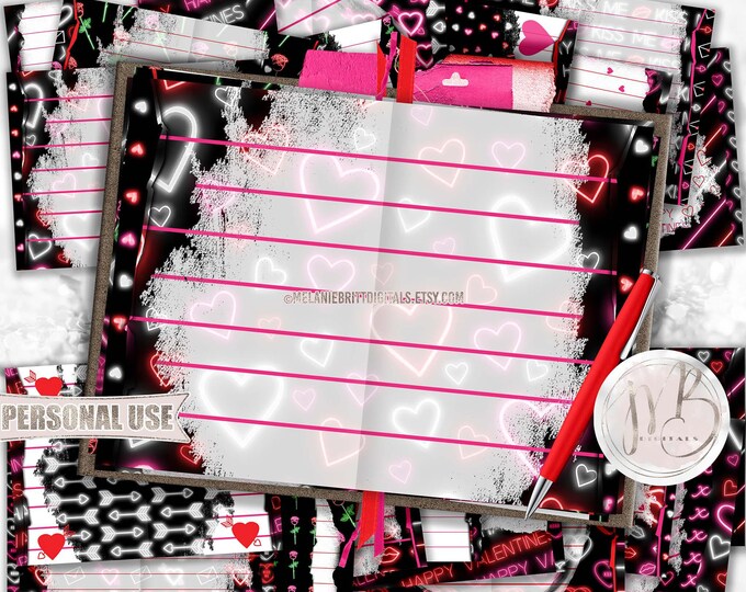 Neon Valentines Day Junk Journal Page Download • Glowing Neon Hearts Valentines Memorabilia • Journaling Printable