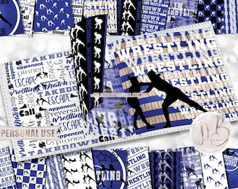 Wrestling Scrapbook Paper Download • Girl Wrestlers School Tournament Blue School Colors • Scrapbooking Printable
