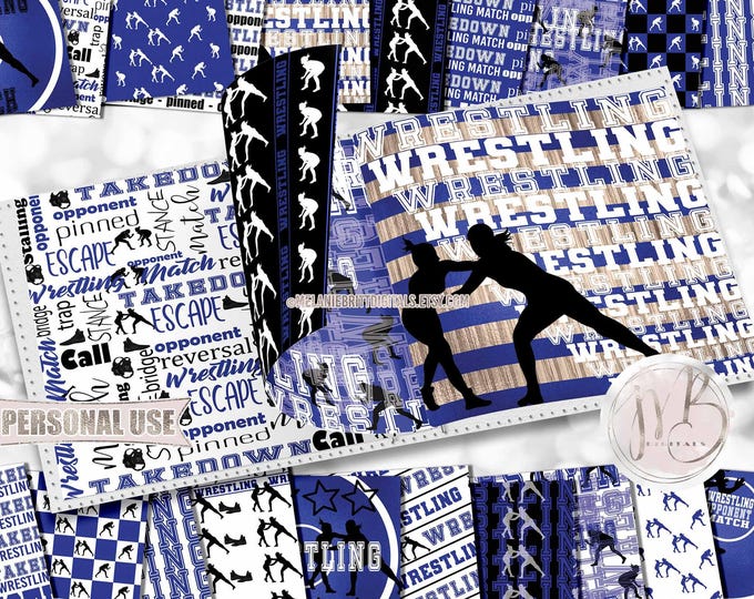 Wrestling Scrapbook Paper Download • Girl Wrestlers School Tournament Blue School Colors • Scrapbooking Printable