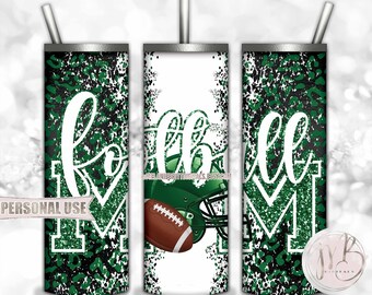 Green Football Mom 20oz Skinny Tumbler Wrap Sublimation Design • Football Helmet Leopard Print Sports Mom Gift • DIY Print and Press