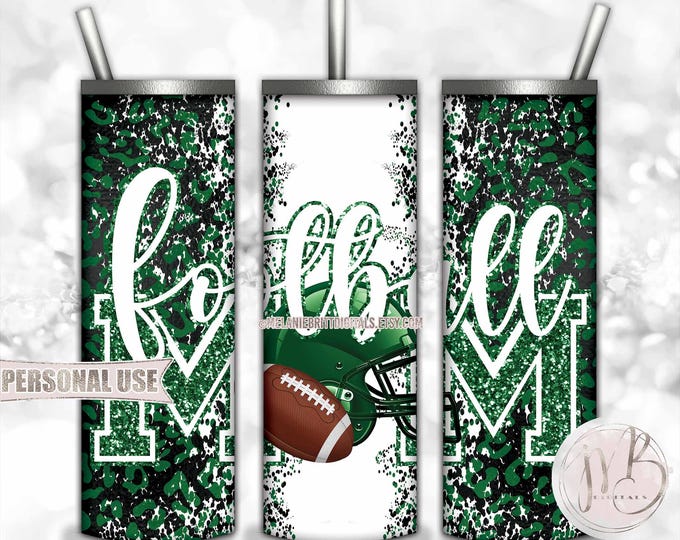 Green Football Mom 20oz Skinny Tumbler Wrap Sublimation Design • Football Helmet Leopard Print Sports Mom Gift • DIY Print and Press