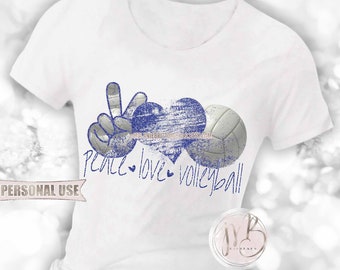 Blue Peace Love Volleyball T-Shirt Sublimation Design Download • Distressed Glitter Hand Peace Sign Heart Sports Gift • DIY Print and Press
