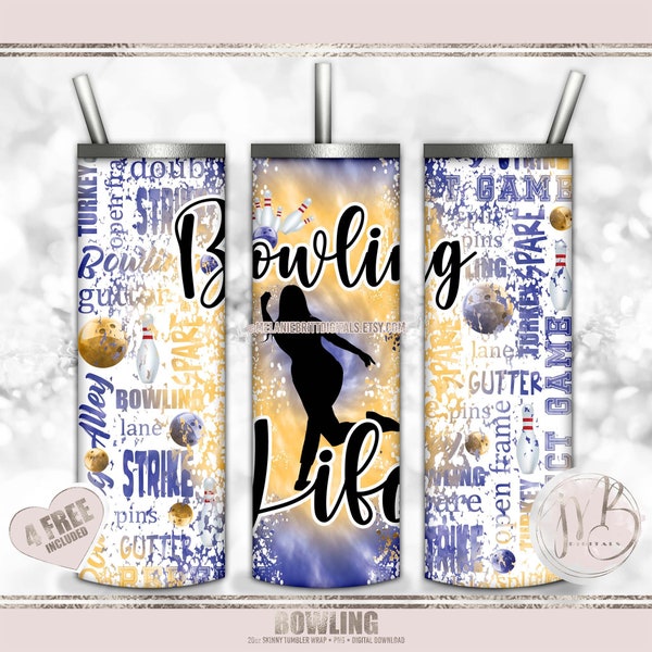 Bowling Life 20oz Skinny Tumbler Wrap Sublimation Design Download • Girl Bowler Blue Athletic Gold Tie Dye Bowling Gift • Sublimation Crafts