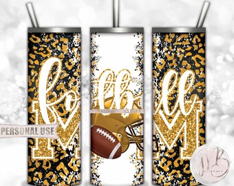 Athletic Gold Football Mom 20oz Skinny Tumbler Wrap Sublimation Design • Football Helmet Leopard Print Sports Mom Gift • DIY Print and Press