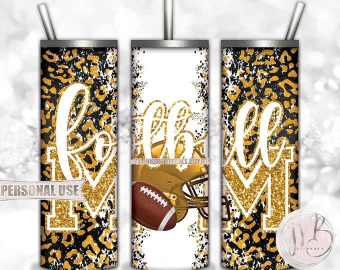 Athletic Gold Football Mom 20oz Skinny Tumbler Wrap Sublimation Design • Football Helmet Leopard Print Sports Mom Gift • DIY Print and Press