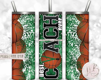 Green Basketball Coach 20oz Skinny Tumbler Wrap Sublimation Download • Lanyard Whistle "Best Coach Ever" Gift • DIY Print and Press