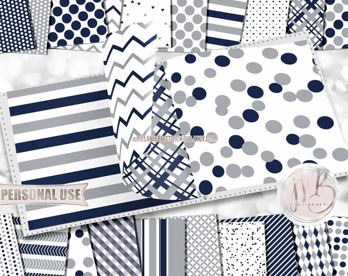 Navy Blue and Gray Scrapbook Paper Download • Classic Patterns Geometric Patterned Paper • Printable Paper Crafts 20 12x12 JPG & PDF