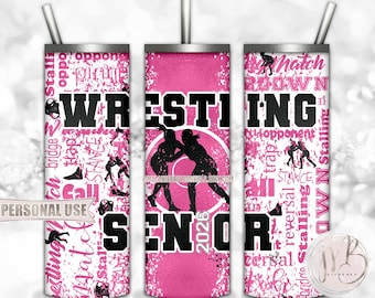 Hot Pink Girl Wrestling Senior 2026 20oz Skinny Tumbler Wrap Sublimation Download • Wrestler Gift Wrestling Typography • DIY Print & Press