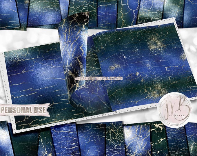 Forest Blue Shattered Scrapbook Paper Download • Gold Crackle Shimmering Foil Design • DIY Printable Paper Crafts 20 12x12 JPG & PDF