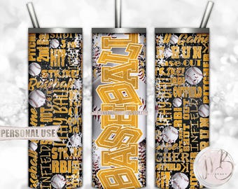 Athletic Gold Baseball 20oz Skinny Tumbler Wrap Sublimation Design • Distressed Baseball Typography Tumbler Gift • DIY Print and Press