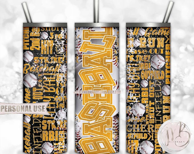 Baseball Tumbler Download • Athletic Gold School Colors Distressed Sport Typography • Sublimation Print and Press