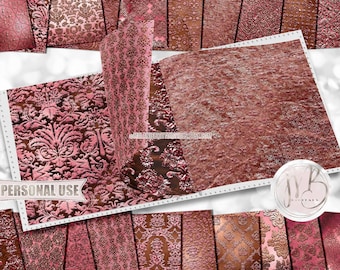 Bronze Pink Embossed Damask Scrapbook Paper Download • Ornamental Damask Shimmering Foil • DIY Printable Paper Crafts 20 12x12 JPG & PDF