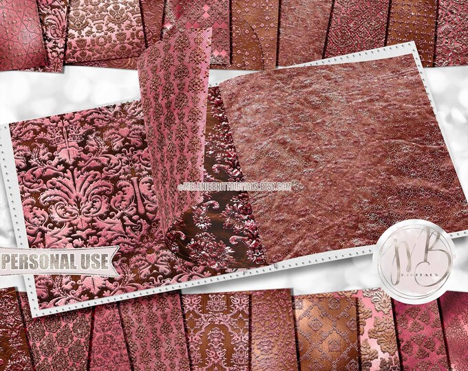 Bronze Pink Embossed Damask Scrapbook Paper Download • Ornamental Damask Shimmering Foil • DIY Printable Paper Crafts 20 12x12 JPG & PDF