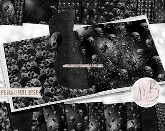 Black Glam Skulls Scrapbook Paper Download • Sparkling Glitter and Shimmering Foil Design • Printable Paper Crafts 20 12x12 JPG & PDF