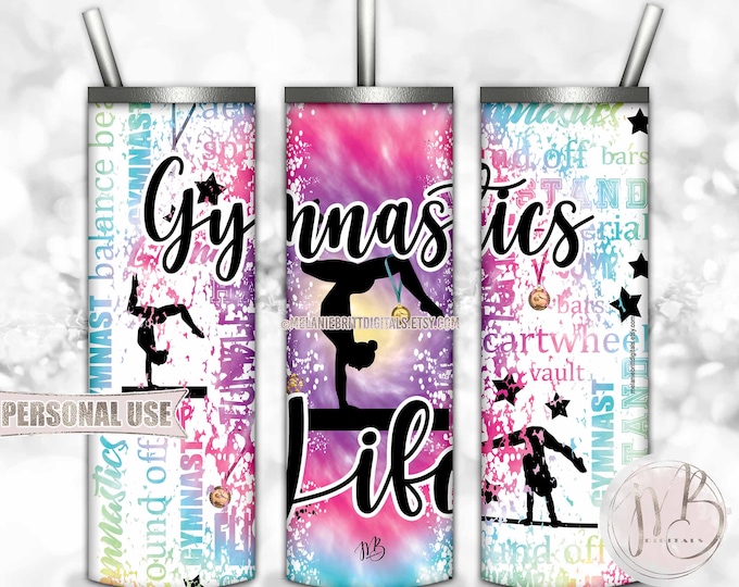 Gymnastics Life Tumbler Wrap Download • Rainbow Tie Dye Gymnast Medals Typography • Sublimation Print and Press #1