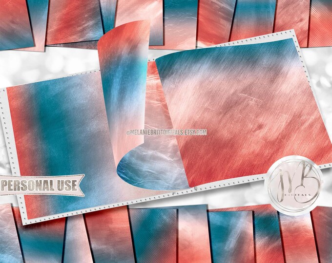 Orange and Teal Sleek Watercolor Scrapbook Paper Download • Shimmering Hand Painted Design • Printable Paper Crafts 20 12x12 JPG & PDF