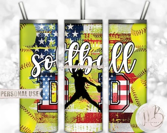 Patriotic Softball Dad 20oz Skinny Tumbler Wrap Sublimation Design Download • Daughter Pitching Silhouette Dad Gift • DIY Print and Press