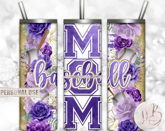 Floral Baseball Mom 20oz Skinny Tumbler Wrap Sublimation Download • Purple Flowers Gold Splatter Sports Mom Gift • DIY Print and Press