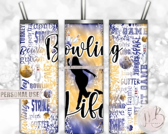 Girl Bowling Life 20oz Skinny Tumbler Wrap Sublimation Design • Blue and Athletic Gold Tie Dye Bowling League Gift • DIY Print and Press