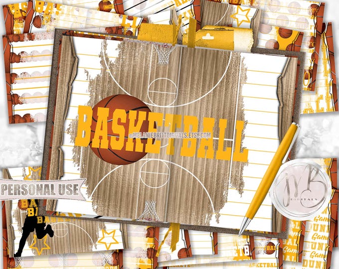 Basketball Junk Journal Page Download • Athletic Gold School Colors Sports Memorabilia • Journaling Printable