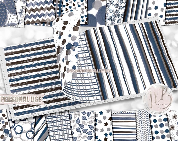 Blue and Brown Watercolor Scrapbook Paper Design Download • Patterned Watercolor Paint Design • Printable Paper Crafts 20 12x12 JPG & PDF