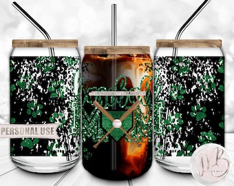 Green Baseball Mom 16oz Glass Can Wrap Sublimation Download • Paw Prints Baseball Bats Home Plate Ballpark Mom Gift • DIY Print & Press