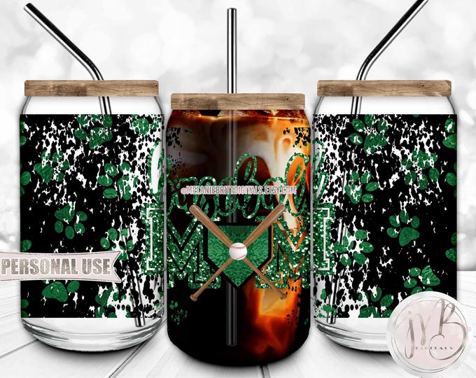 Green Baseball Mom 16oz Glass Can Wrap Sublimation Download • Paw Prints Baseball Bats Home Plate Ballpark Mom Gift • DIY Print & Press