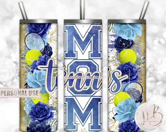 Floral Tennis Mom 20oz Skinny Tumbler Wrap Sublimation Download • Blue Flowers Gold Splatter Sports Mom Gift • DIY Print and Press