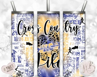 Cross Country Life 20oz Skinny Sublimation Tumbler Wrap PNG Download • Endurance Running Blue and Athletic Gold Tie Dye • Seamless Design