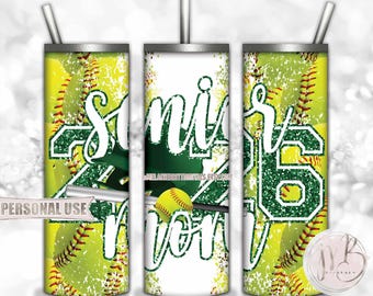 Green Softball Senior 2026 Mom 20oz Skinny Tumbler Wrap Sublimation Design • Softball Helmet Glitter Senior Mom Gift • DIY Print & Press