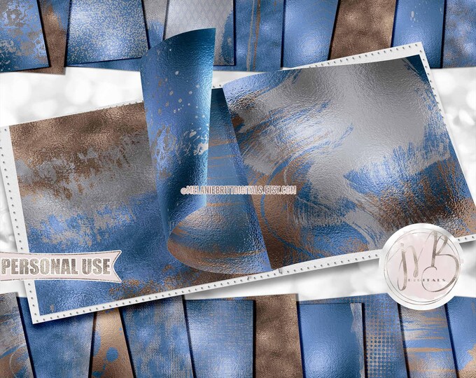 Abstract Scrapbook Paper Download • Blue Brown Gray Shimmering Foil • DIY Scrapbooking Printable 20 12x12 JPG and PDF