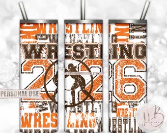 Orange and Brown Girl Wrestling Senior 2026 20oz Skinny Tumbler Wrap Sublimation Download • Wrestler Gift Typography • DIY Print & Press
