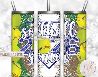 Blue Glitter Softball Senior 2026 20oz Skinny Tumbler Wrap Sublimation Design Download • Varsity Softball Graduate Gift • DIY Print & Press