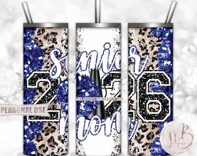 Blue Cheer Senior 2026 Mom 20oz Skinny Sublimation Tumbler Wrap Design • Pom Pom Megaphone Classic Leopard Print • DIY Print and Press