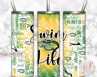 Swim Life 20oz Skinny Tumbler Wrap Sublimation Design Download • Green and Athletic Gold Tie Dye Swim Team Swimmer Gift • DIY Print & Press