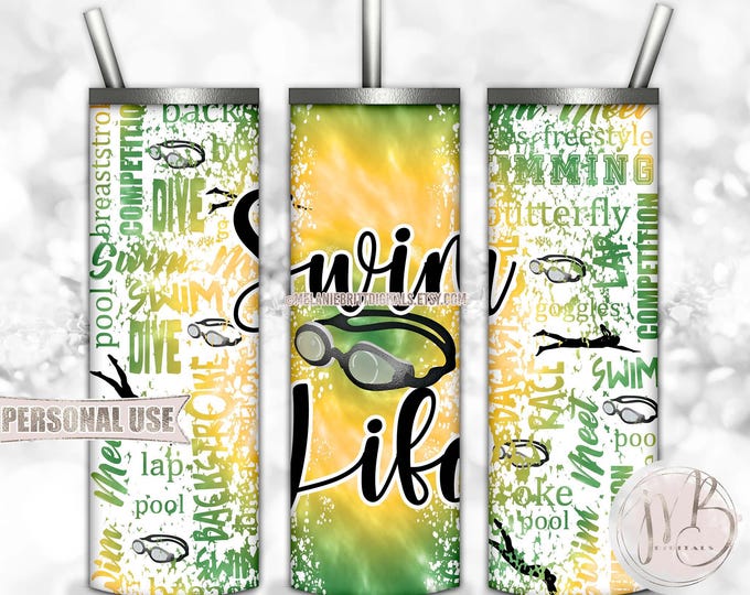 Swim Life 20oz Skinny Tumbler Wrap Sublimation Design Download • Green and Athletic Gold Tie Dye Swim Team Swimmer Gift • DIY Print & Press
